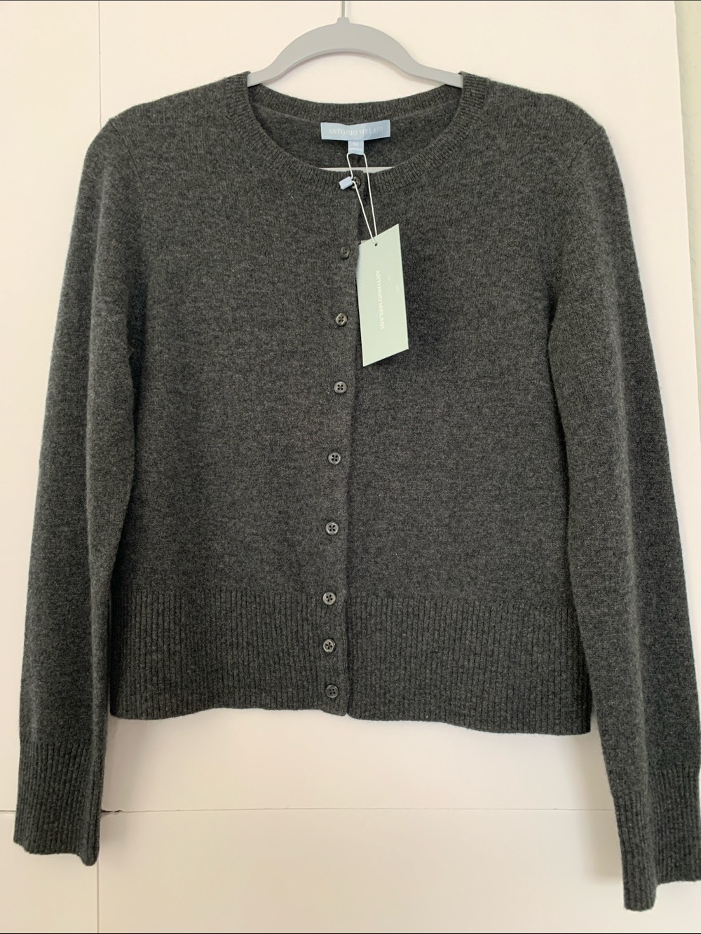 NWT Antonio Melani Cashmere Lindsay Crewneck Heater Grey Cardigan Size M